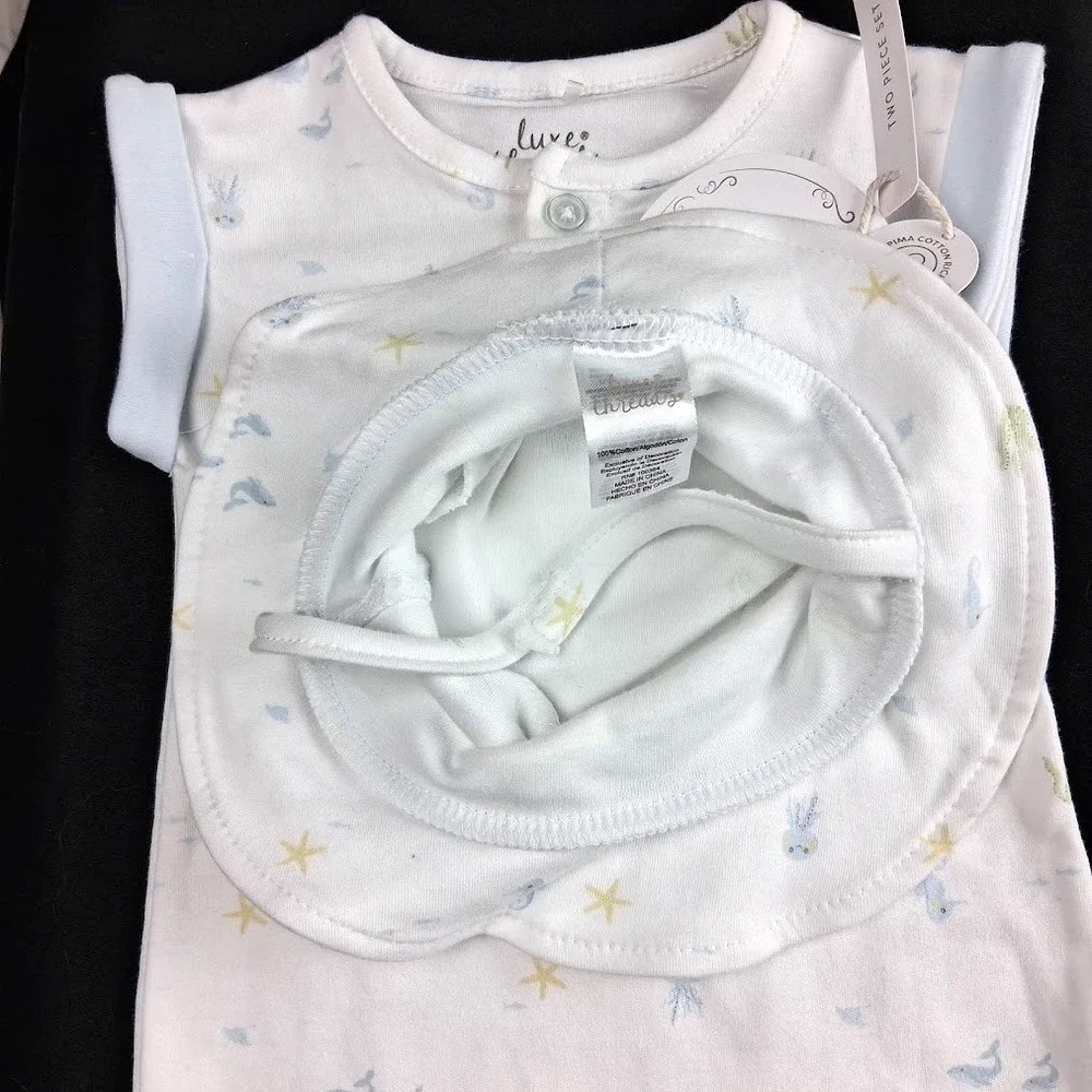 Luxe Threads Baby Boy 2pc Romper Outfit Ocean 6 9 Mos Pima Cotton Soft Hat NWT